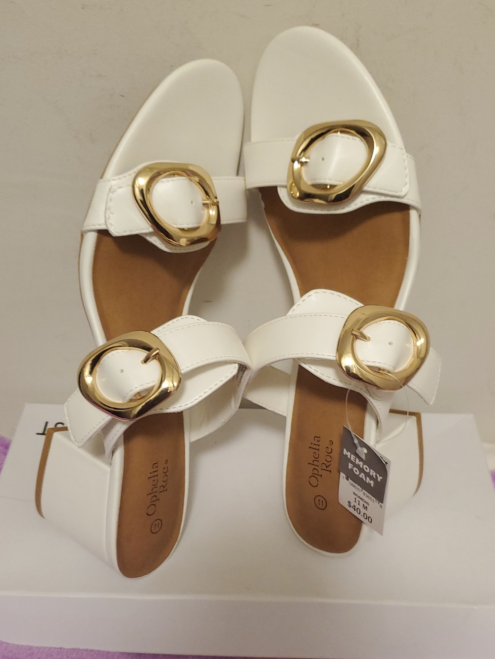 Ophelia Rose White Slide Sandals with Gold Buckle